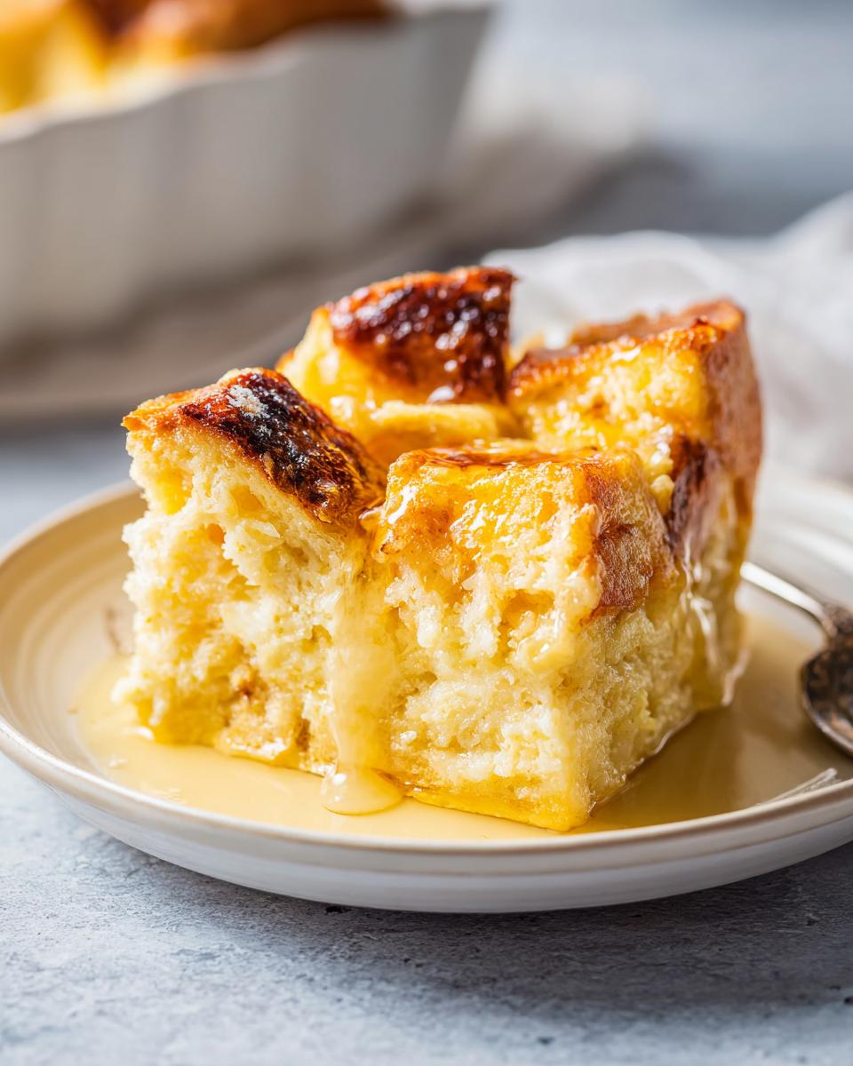 Close-up of a serving of moist baked french toast squares drizzled generously with golden syrup on a light plate.