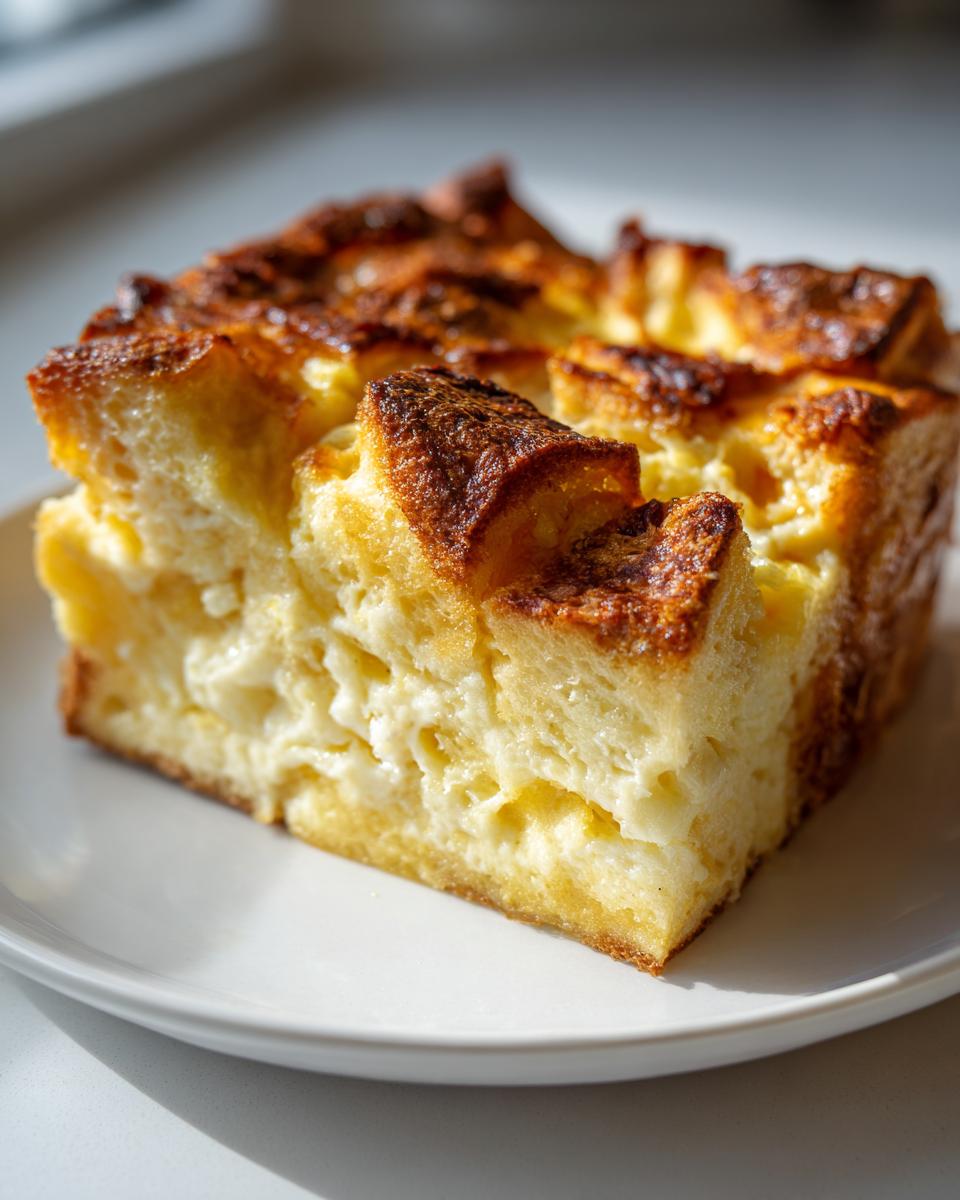 A thick, square slice of creamy baked french toast with a golden-brown, slightly crispy top, served on a white plate.