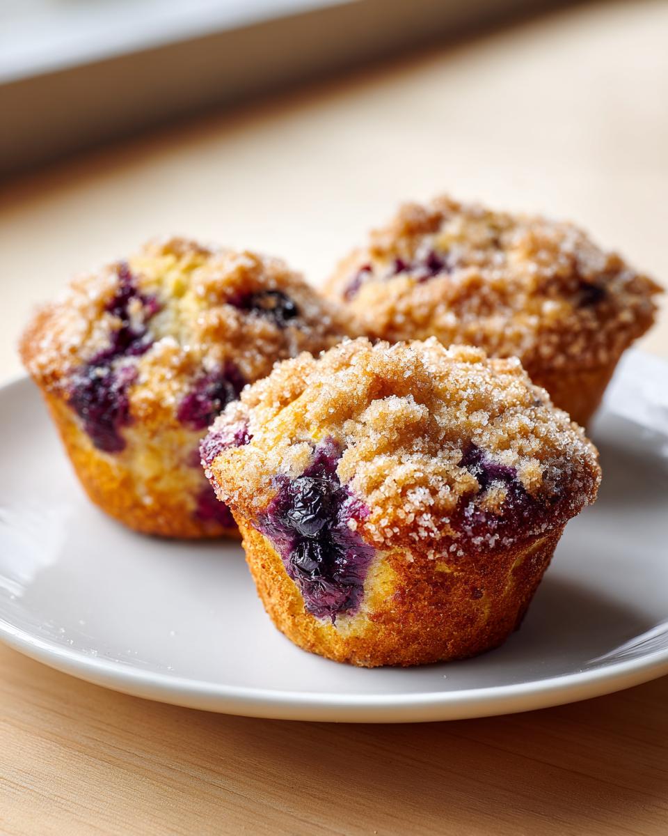 Three golden-brown blueberry muffin tops generously sprinkled with streusel topping and sugar, resting on a white plate.