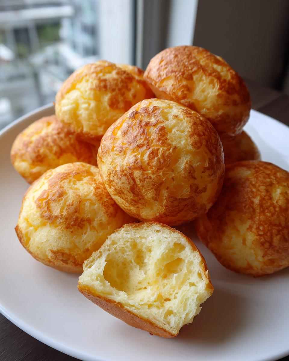 A pile of golden-brown Brazilian cheese bread puffs, with one cut in half showing the airy, chewy interior.