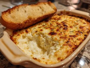 Close-up of a hot, cheesy, baked bread dip in a ceramic dish with a piece of toasted bread resting on top.