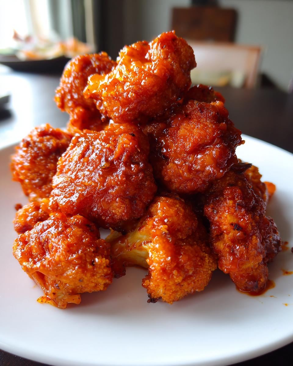 A close-up stack of crispy, bright orange, saucy buffalo cauliflower bites piled high on a white plate.