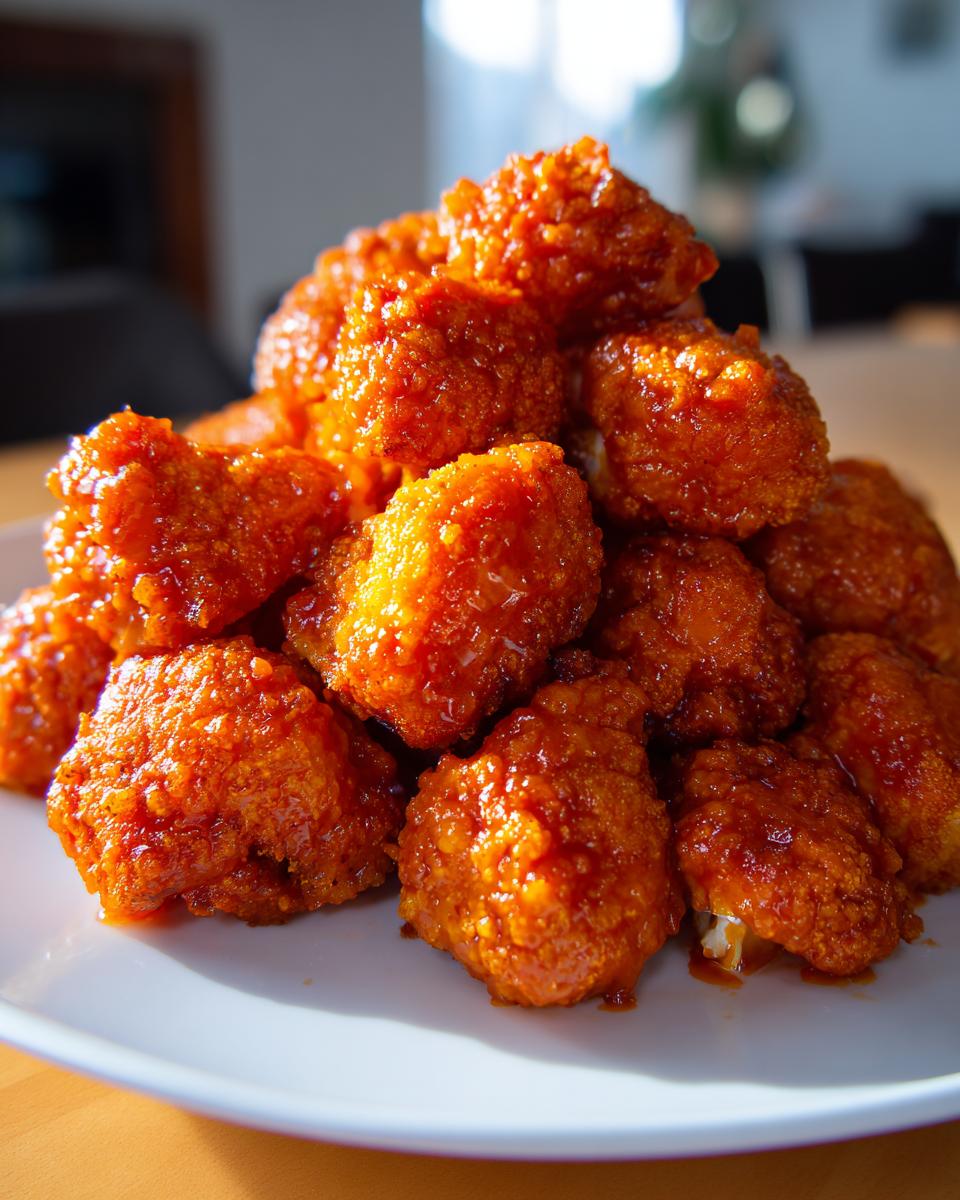 Close-up of a mound of crispy, bright orange, saucy buffalo cauliflower bites piled high on a white plate.