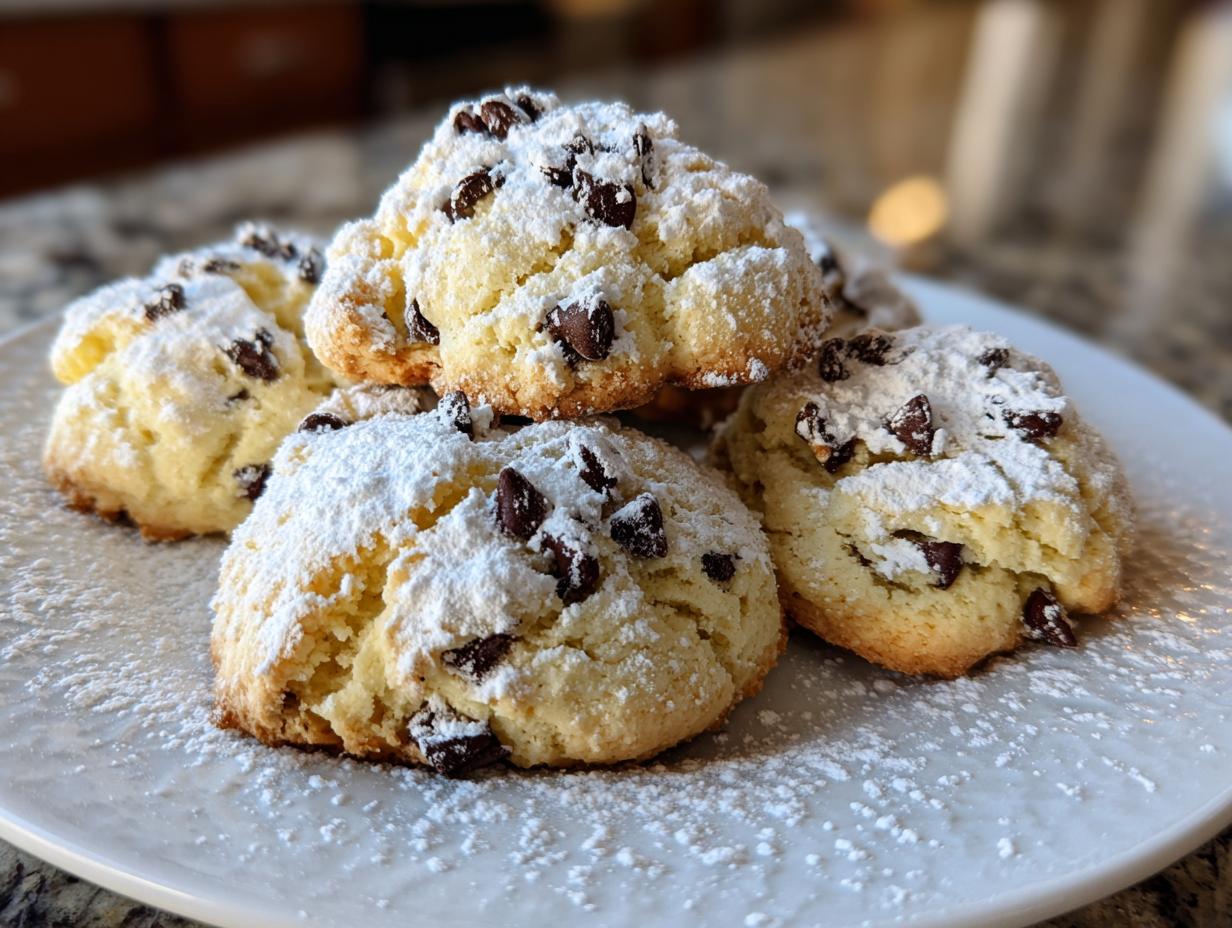 A close-up of several soft, pale yellow cannoli cookies topped with mini chocolate chips and dusted heavily with powdered sugar.