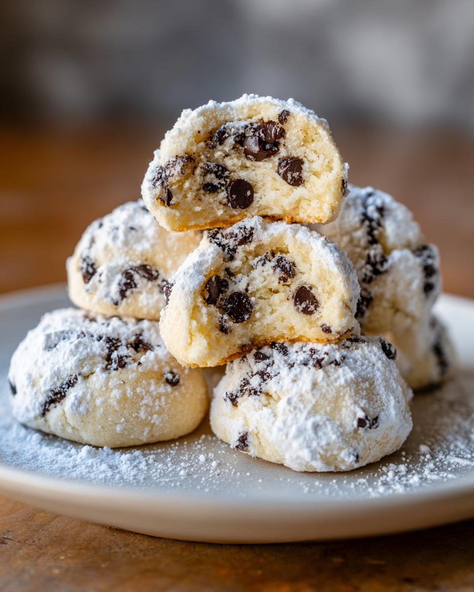 A stack of soft cannoli cookies filled with chocolate chips and heavily dusted with powdered sugar.