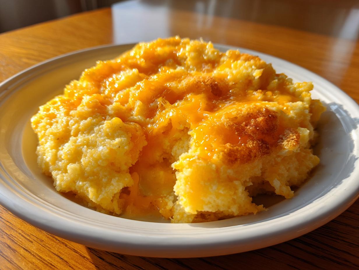 A close-up of creamy, yellow cheese grits topped with melted, bright orange cheddar cheese.
