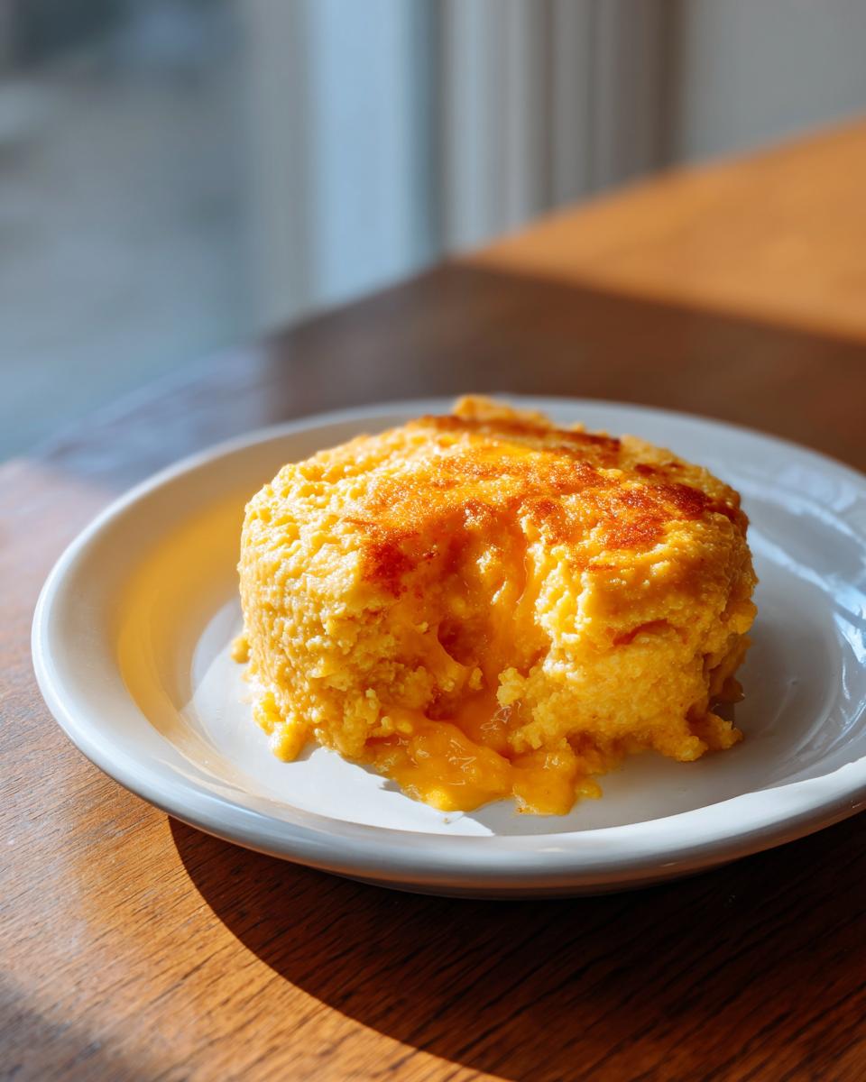 A scoop of creamy, golden cheese grits with melted cheese oozing out, served on a white plate.
