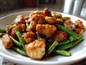 Close-up of bite-sized glazed chicken pieces mixed with vibrant green beans, highlighting the amazing chicken and green beans dish.