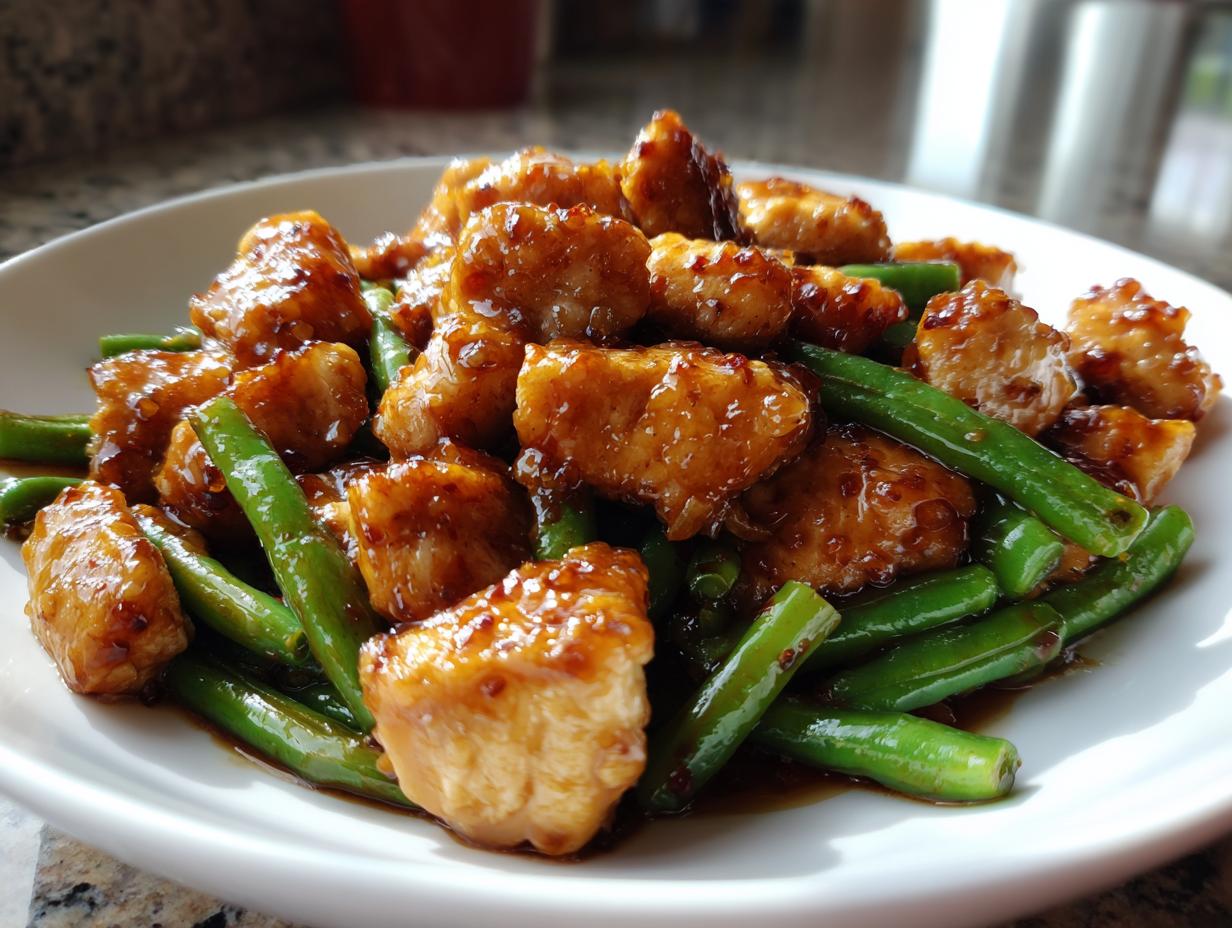 Close-up of bite-sized glazed chicken pieces mixed with vibrant green beans, highlighting the amazing chicken and green beans dish.