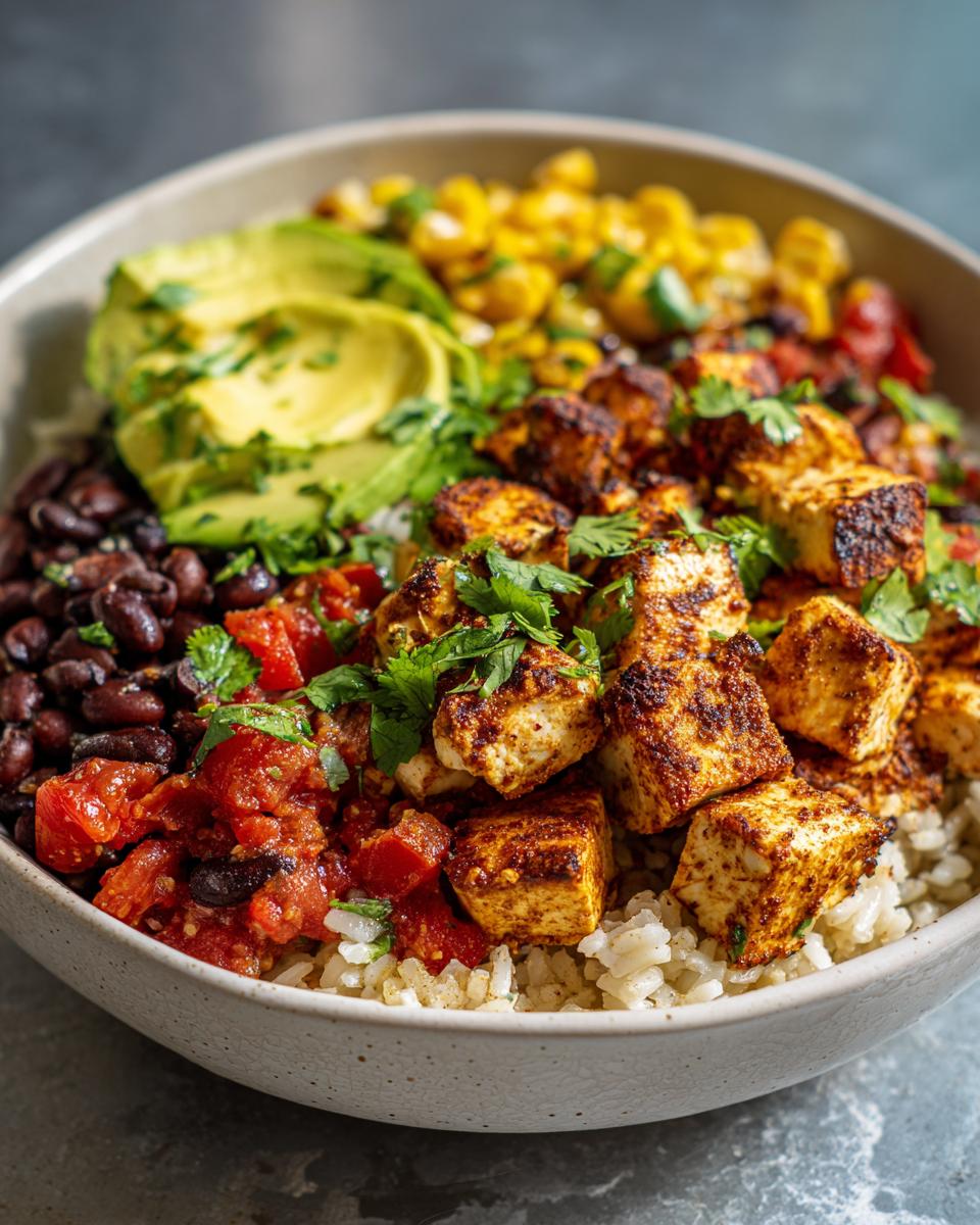 Close-up of a hearty chicken burrito bowl featuring seasoned chicken pieces, black beans, avocado, corn, and salsa over rice.