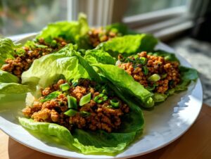 Close-up of fresh chicken lettuce wraps filled with savory ground chicken and topped with green onions.