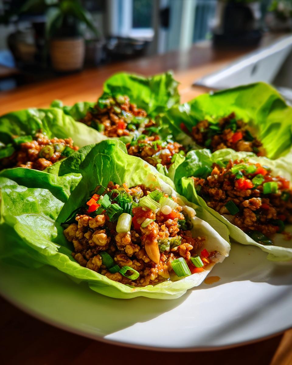 Close-up of several vibrant chicken lettuce wraps filled with savory ground chicken mixture and topped with green onions.