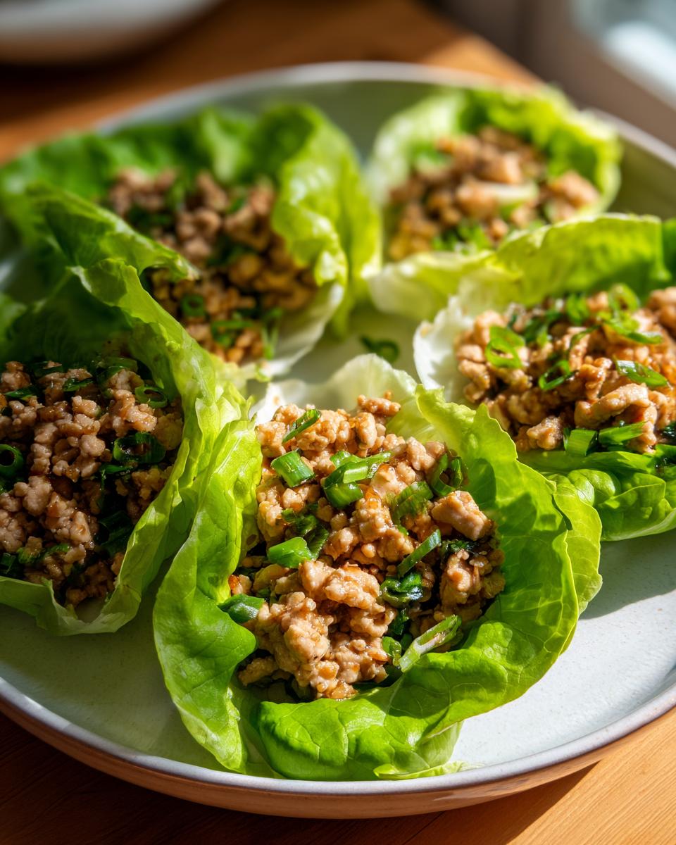 Four fresh chicken lettuce wraps filled with savory ground chicken mixture and topped with chopped green onions.