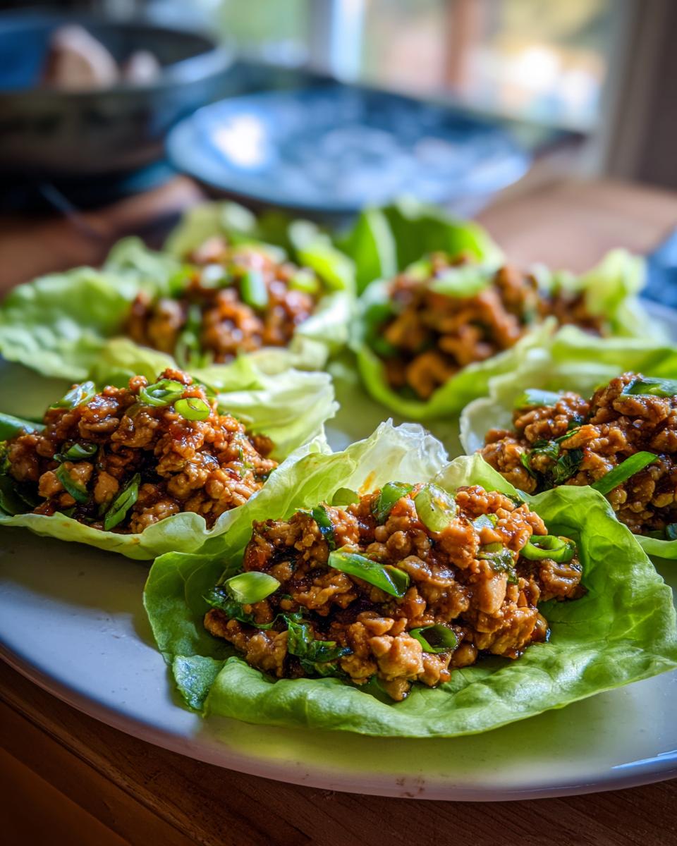Close-up of several fresh chicken lettuce wraps filled with savory ground chicken mixture and topped with green onions.