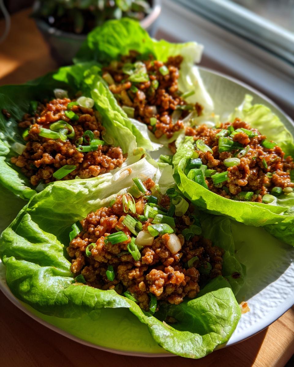 Three servings of savory chicken lettuce wraps topped with fresh green onions on a white plate.
