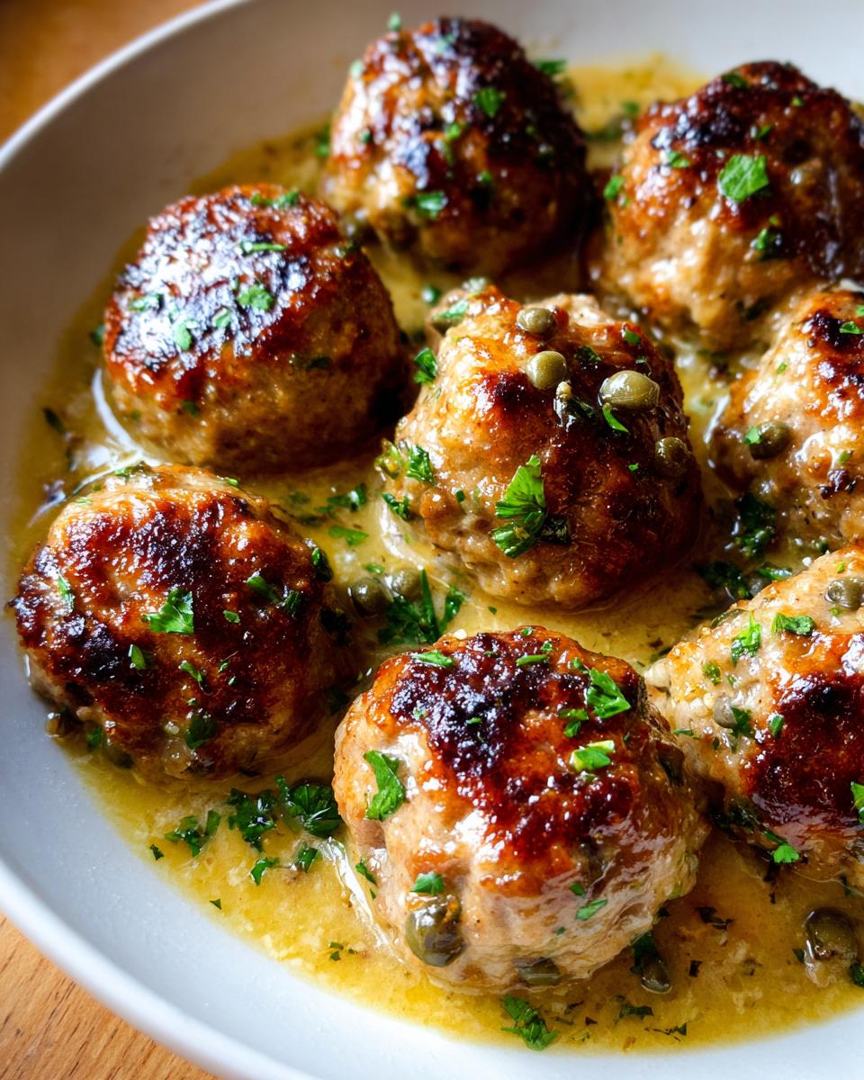 Close-up of several golden brown chicken piccata meatballs swimming in a rich lemon-butter sauce with capers and fresh parsley.