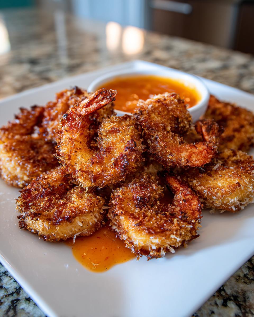 A pile of perfectly golden brown, crispy coconut shrimp served on a white plate with a side of orange dipping sauce.