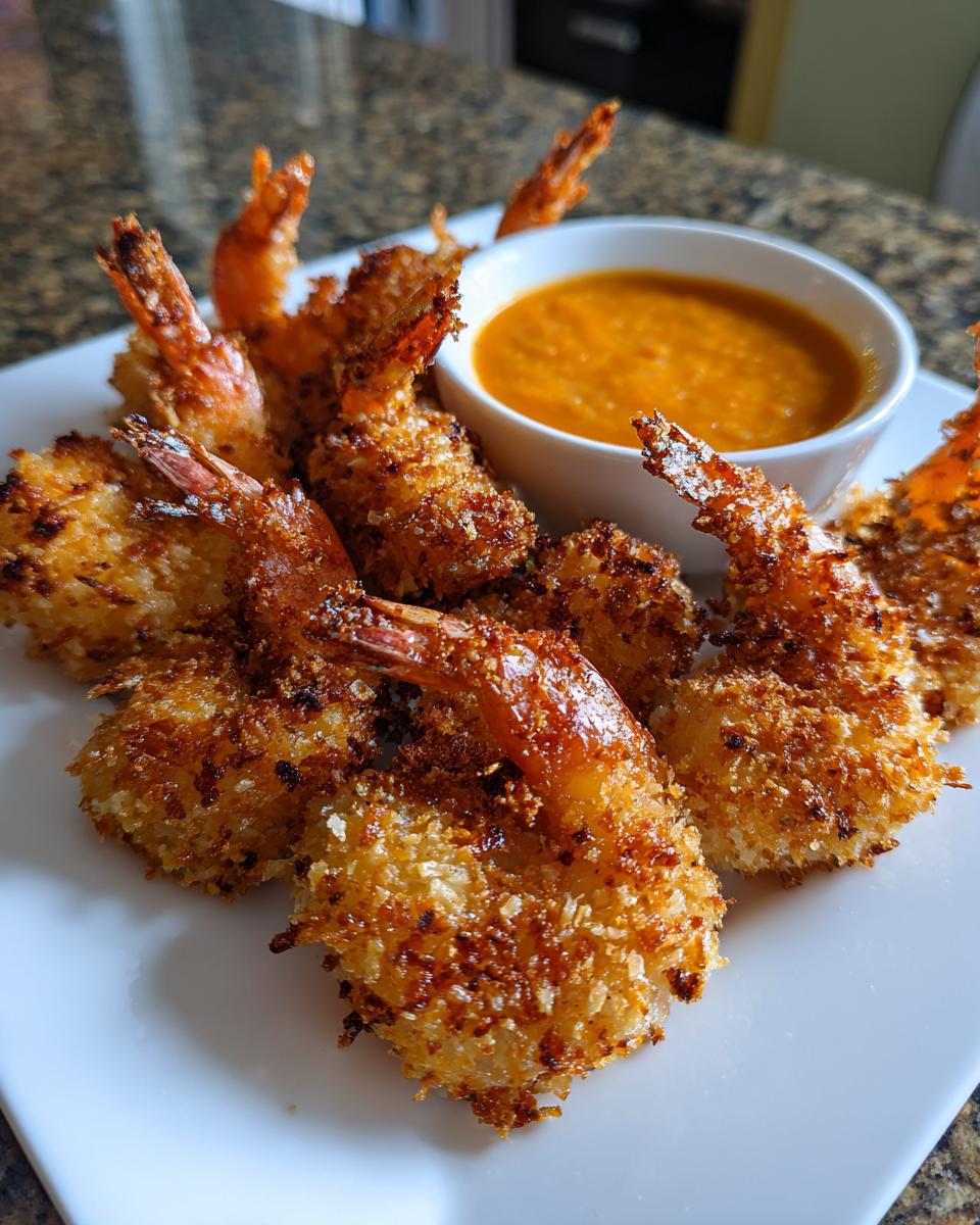 A plate of perfectly cooked, crispy coconut shrimp served with a small bowl of orange dipping sauce.