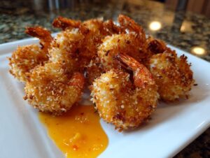 A serving of perfectly fried, golden brown coconut shrimp piled on a white plate next to a pool of orange dipping sauce.