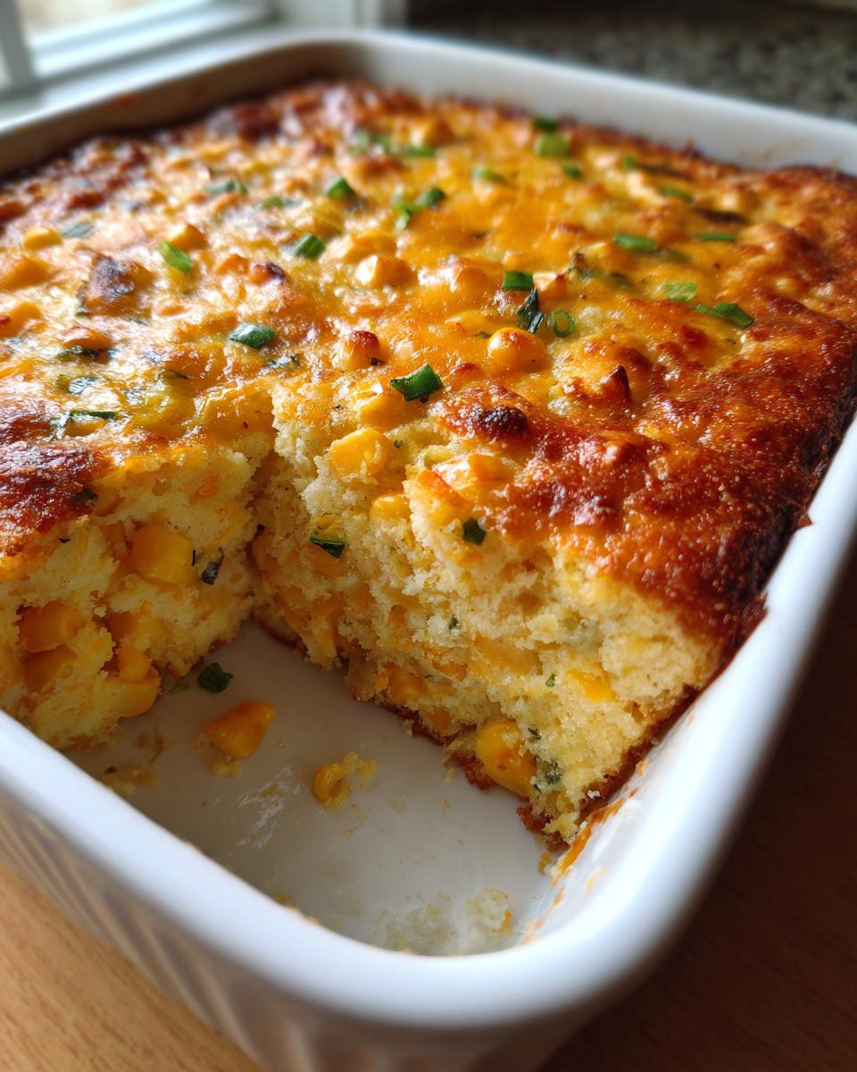 Close-up of baked creamy corn dip with golden cheese topping and green onions, a portion has been served.