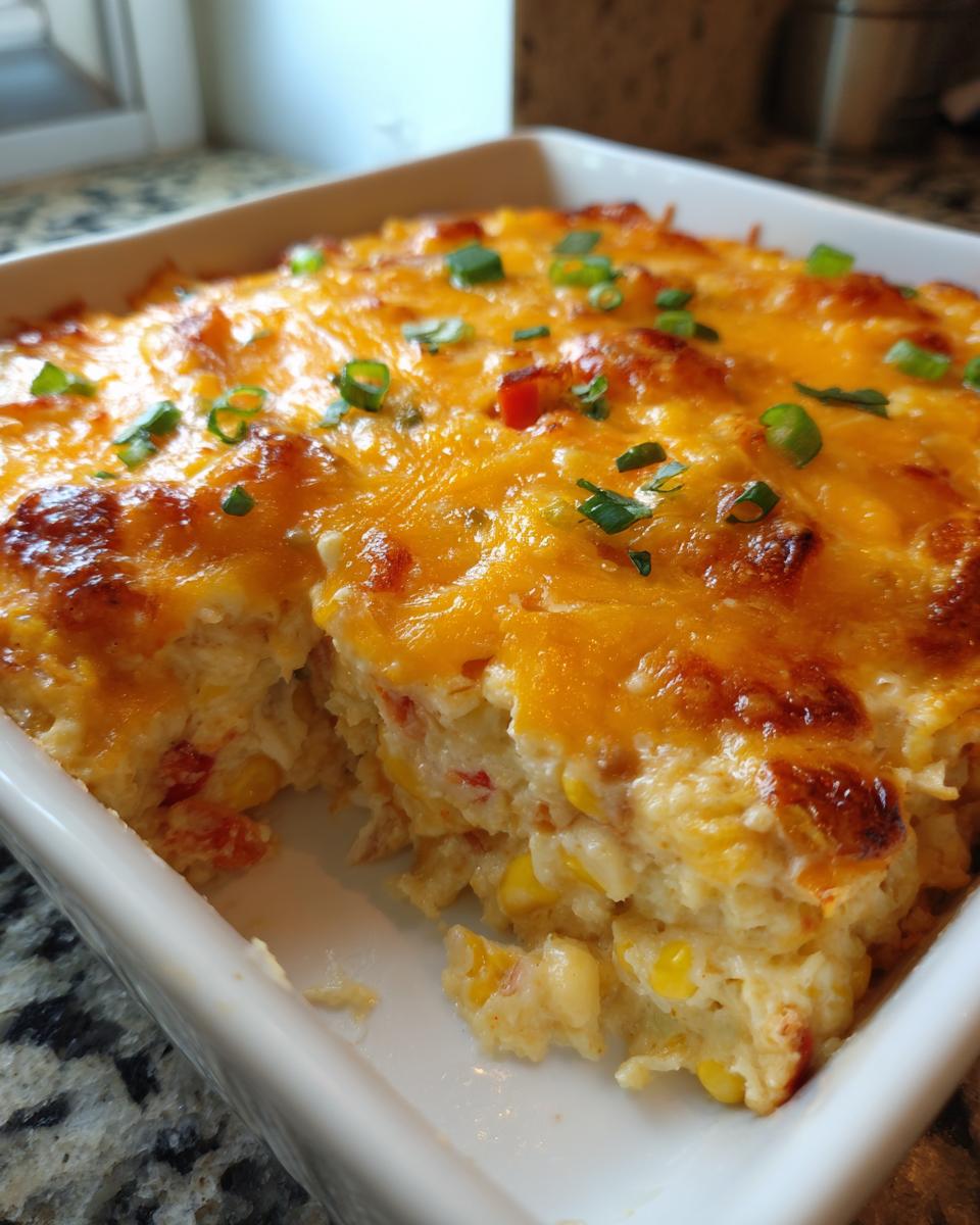 A close-up of a baked, creamy corn dip topped with melted, browned cheddar cheese and green onions.