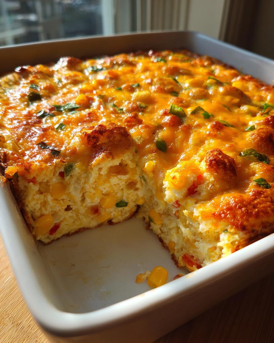 A square baking dish containing a freshly baked, creamy corn dip with a golden, melted cheese topping.