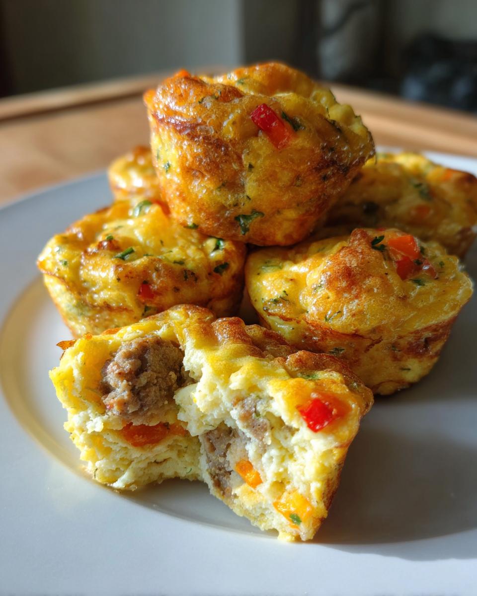 Close-up of savory egg bites, one cut open showing sausage filling, highlighting the baked egg texture.