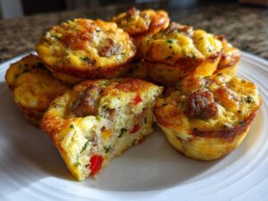 A plate of golden-brown, baked egg bites, with one cut open showing sausage and colorful peppers inside.