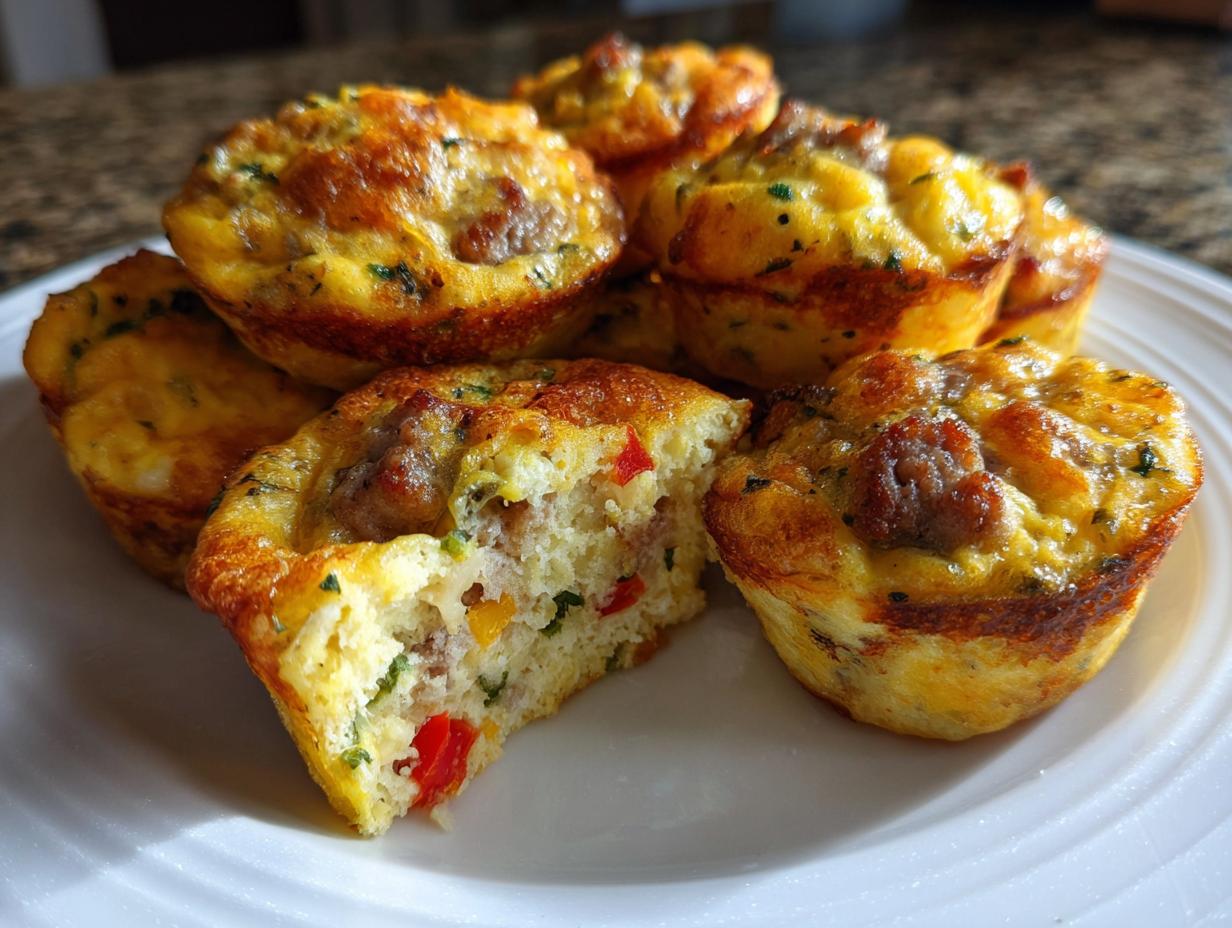 A plate of golden-brown, baked egg bites, with one cut open showing sausage and colorful peppers inside.