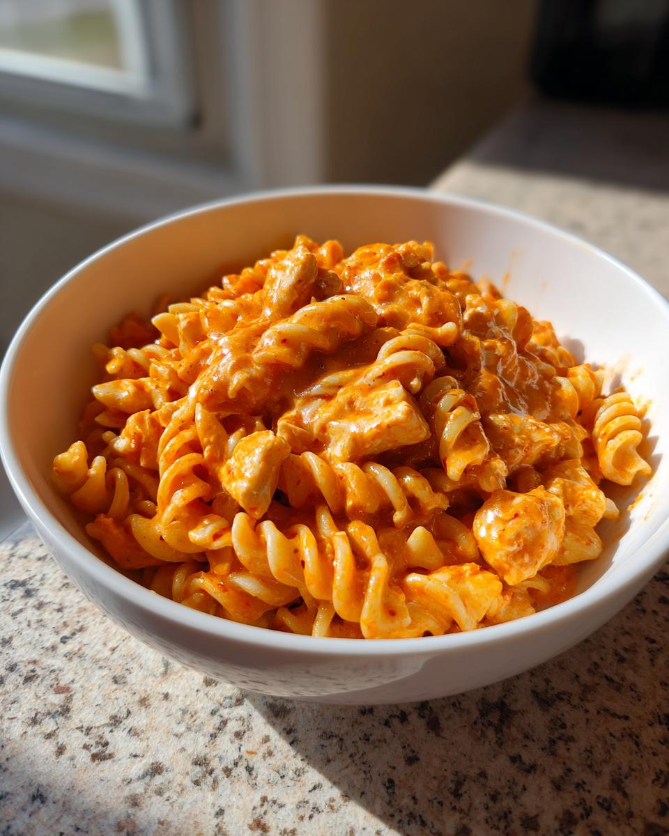 Close-up of rotini pasta mixed with chicken pieces in a creamy, orange enchilada pasta sauce.
