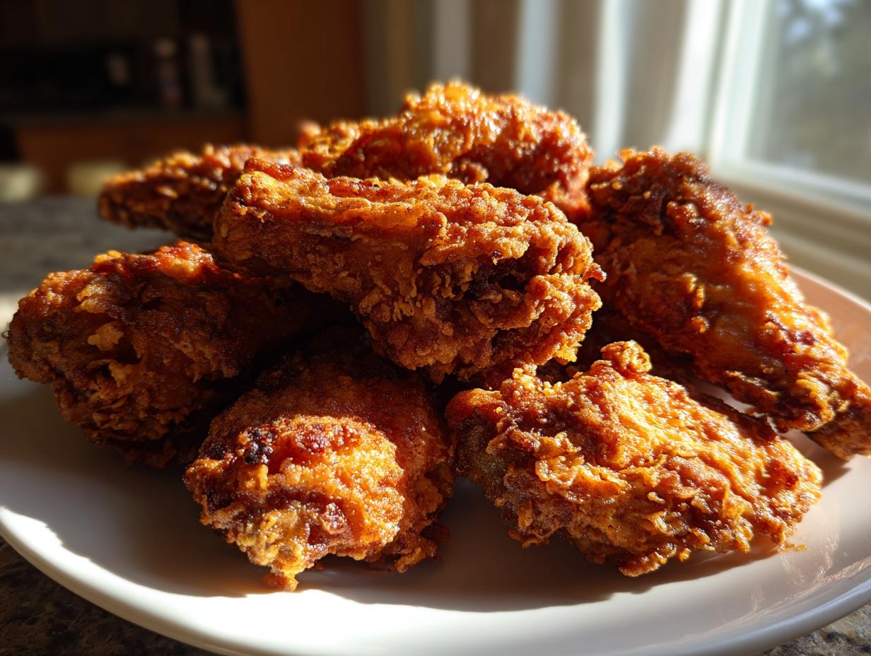 A close-up of a pile of golden brown, crispy fried chicken wings sitting on a white plate.