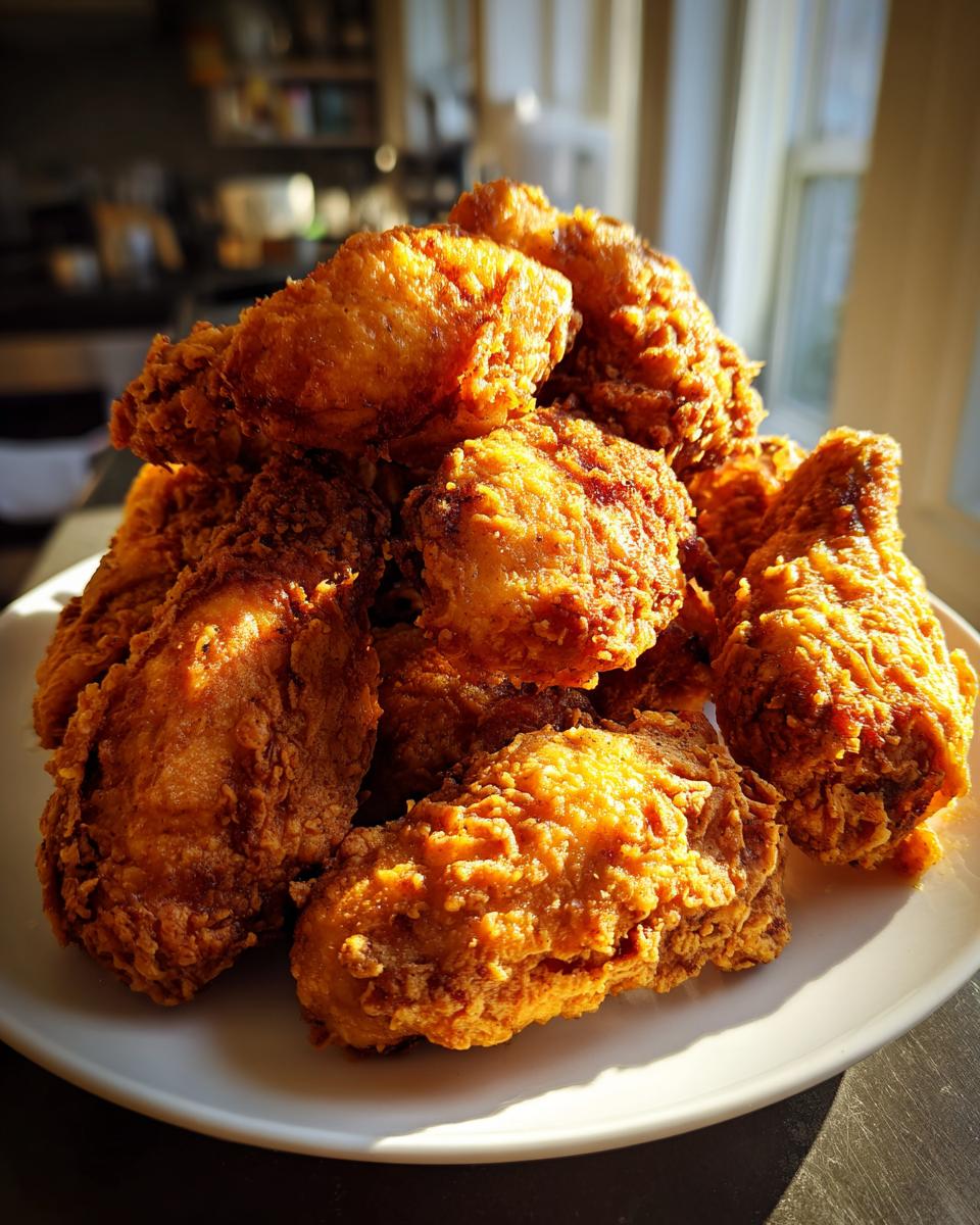 A tall pile of perfectly golden brown, crispy fried chicken wings stacked high on a white plate.