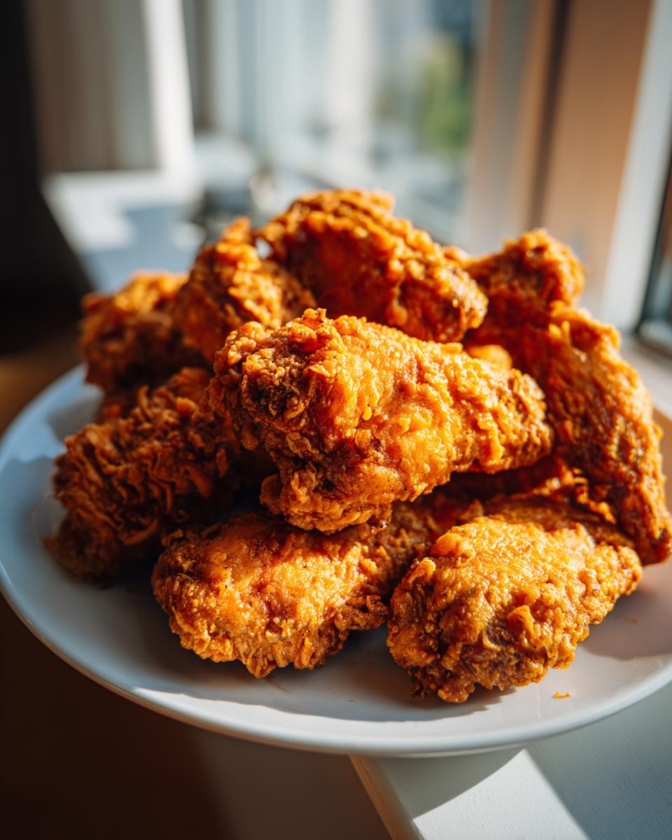 A close-up of a plate piled high with perfectly golden and crispy fried chicken wings, illuminated by natural light.