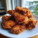 A close-up stack of golden brown, crispy fried chicken wings resting on a white plate.