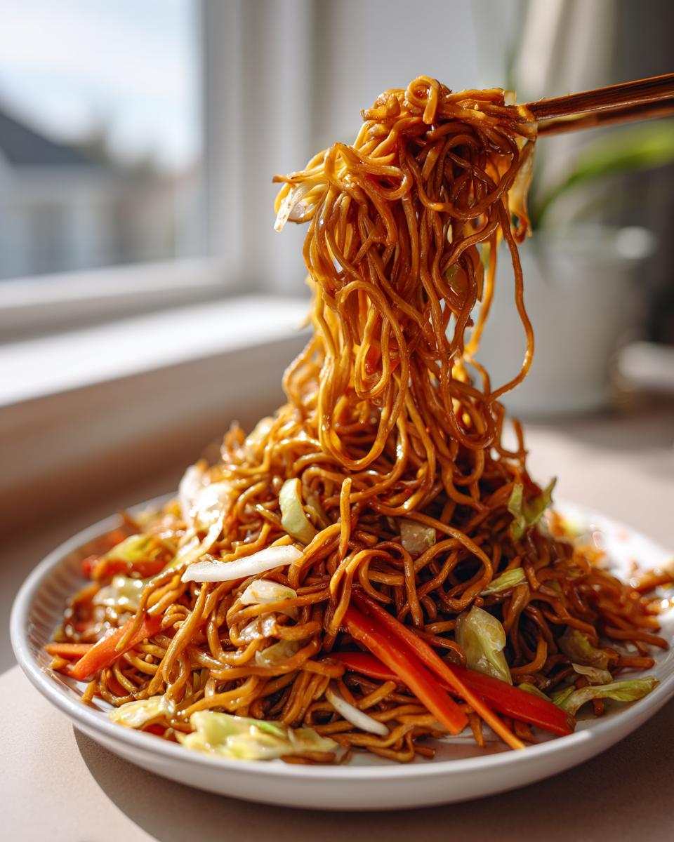 Close-up of a large serving of amazing fried noodles being lifted high with chopsticks from a white plate.