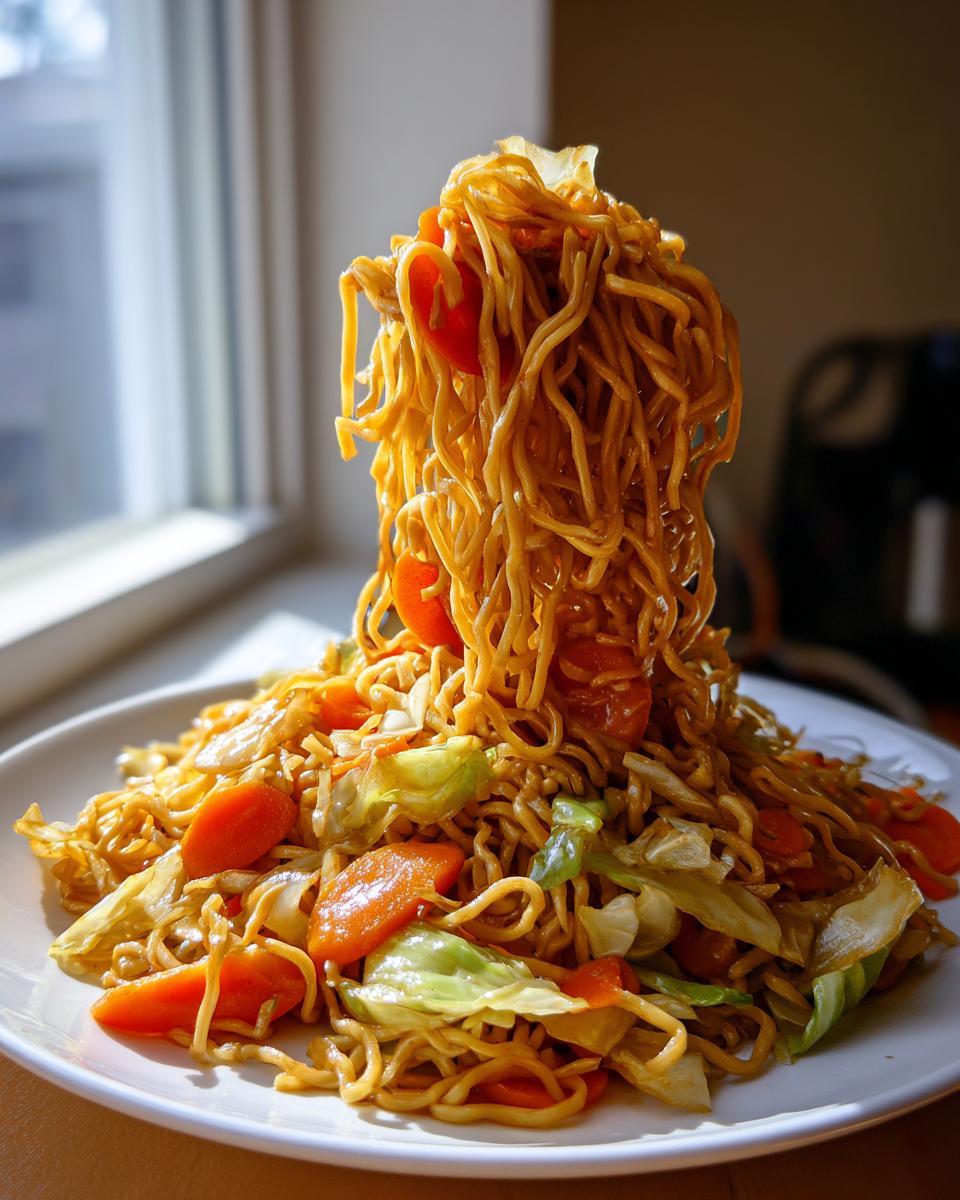 A large serving of amazing fried noodles with carrots and cabbage, with a portion being lifted high above the plate.