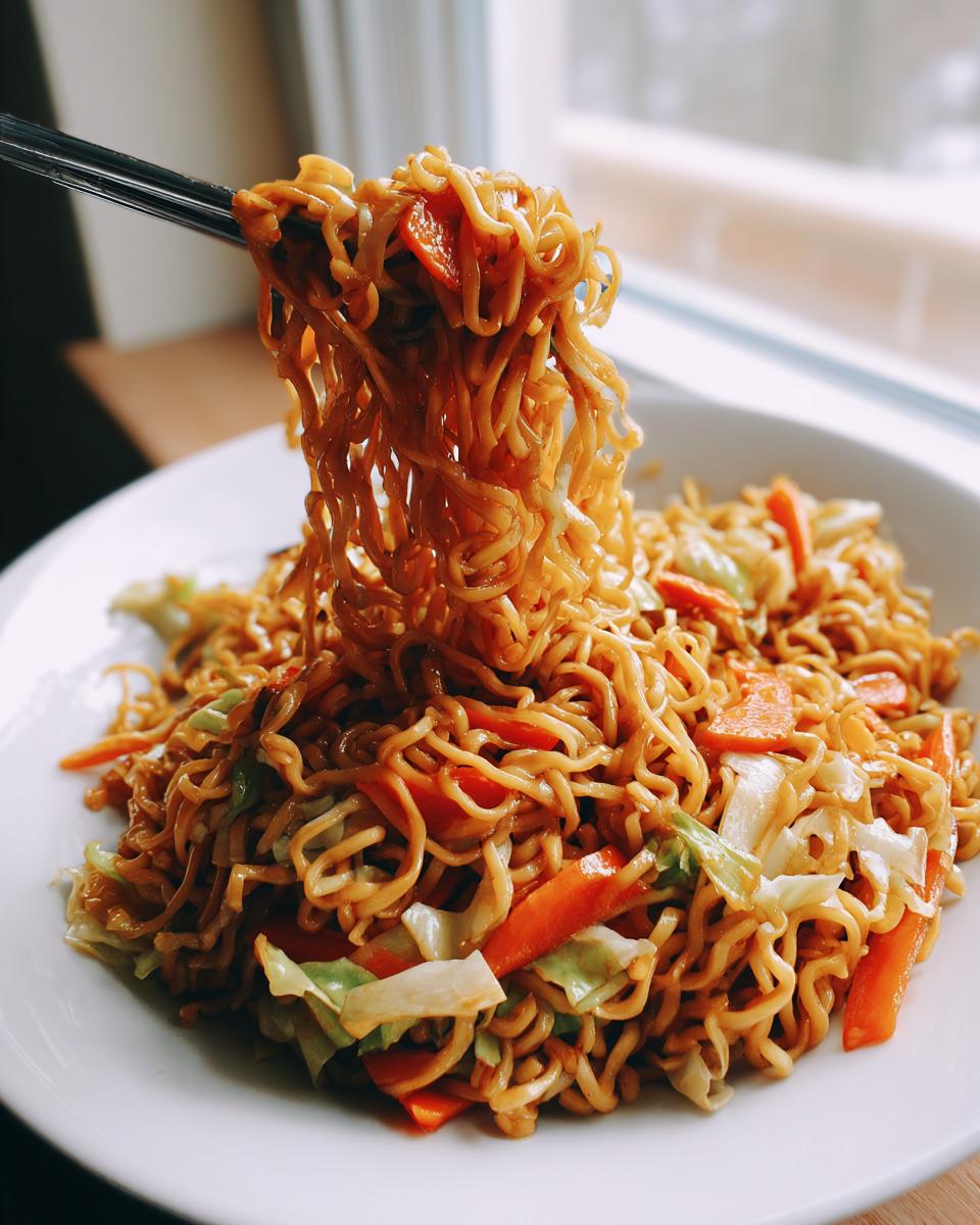 Chopsticks lifting a large portion of delicious fried noodles mixed with carrots and cabbage from a white bowl.