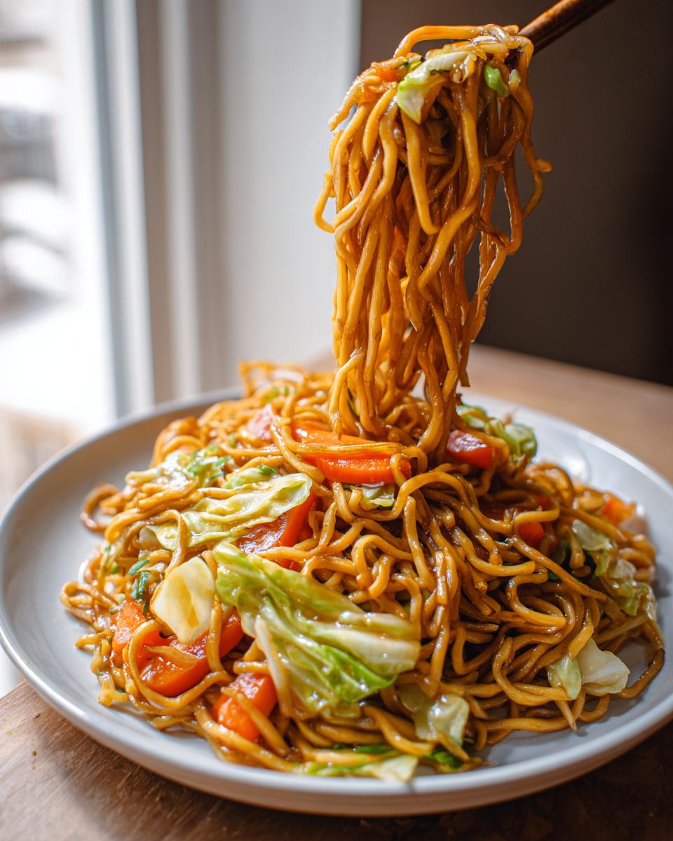 Chopsticks lifting a large portion of glossy, saucy fried noodles mixed with cabbage and carrots from a plate.
