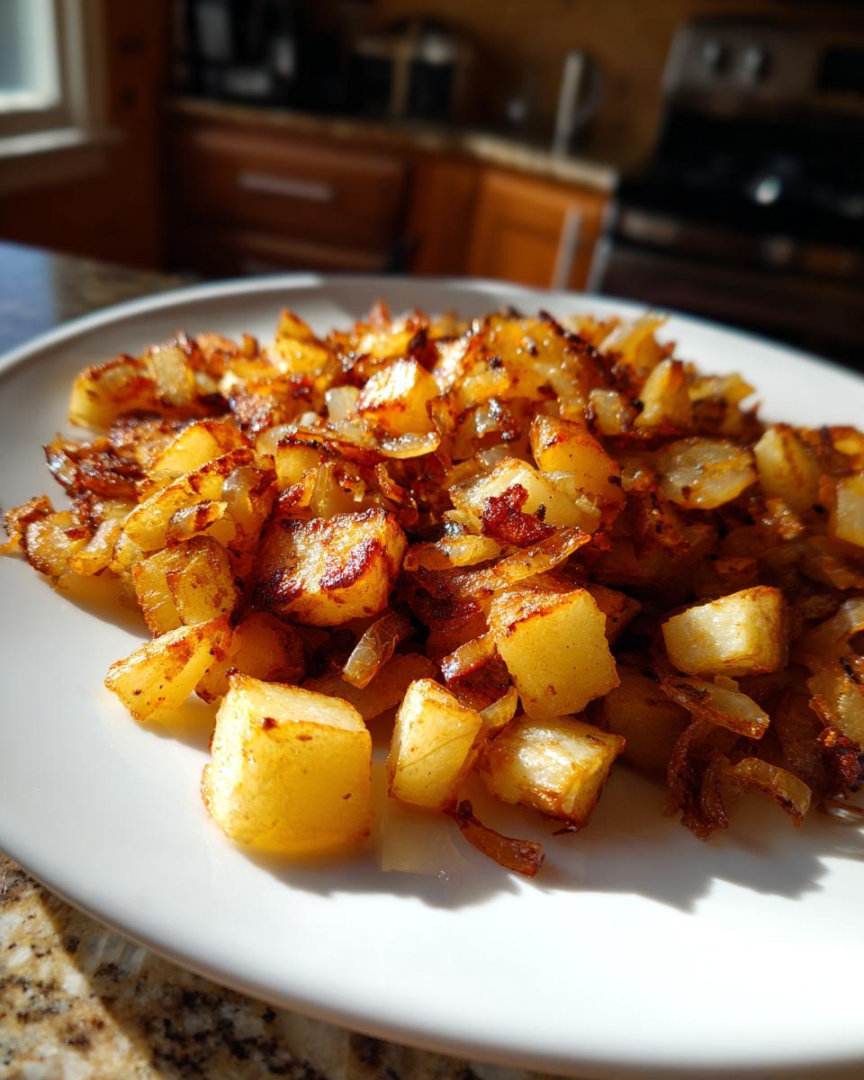Close-up of perfectly cooked, golden brown fried potatoes mixed with caramelized onions on a white plate.