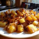 A close-up photo of golden brown fried potatoes mixed with caramelized onions served on a white plate.