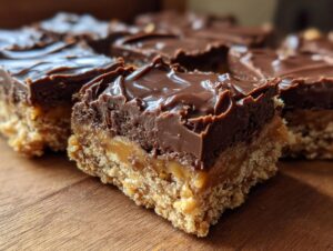 A close-up, cross-section view of a rich graham cracker toffee bar showing the crust, caramel layer, and thick chocolate topping.