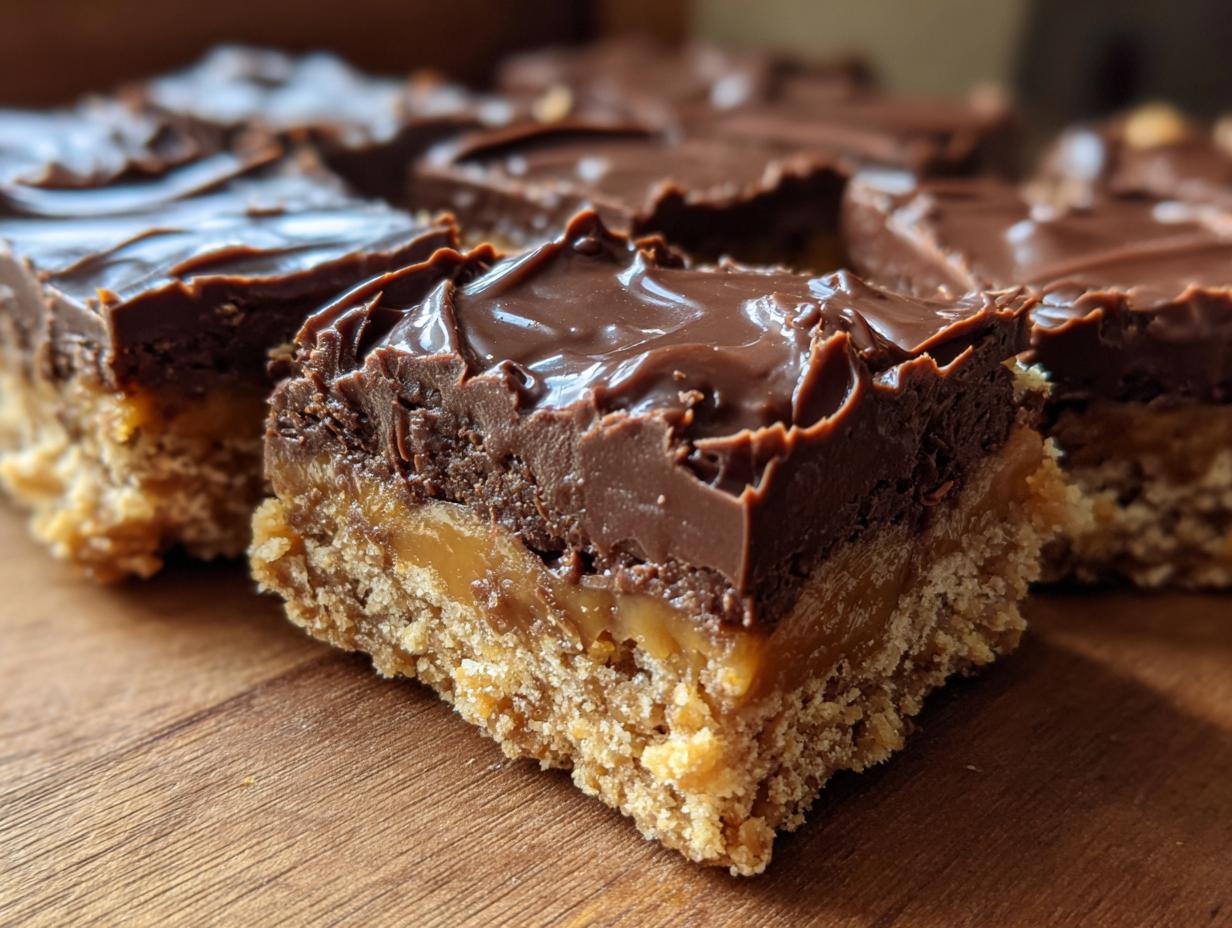 A close-up, cross-section view of a rich graham cracker toffee bar showing the crust, caramel layer, and thick chocolate topping.