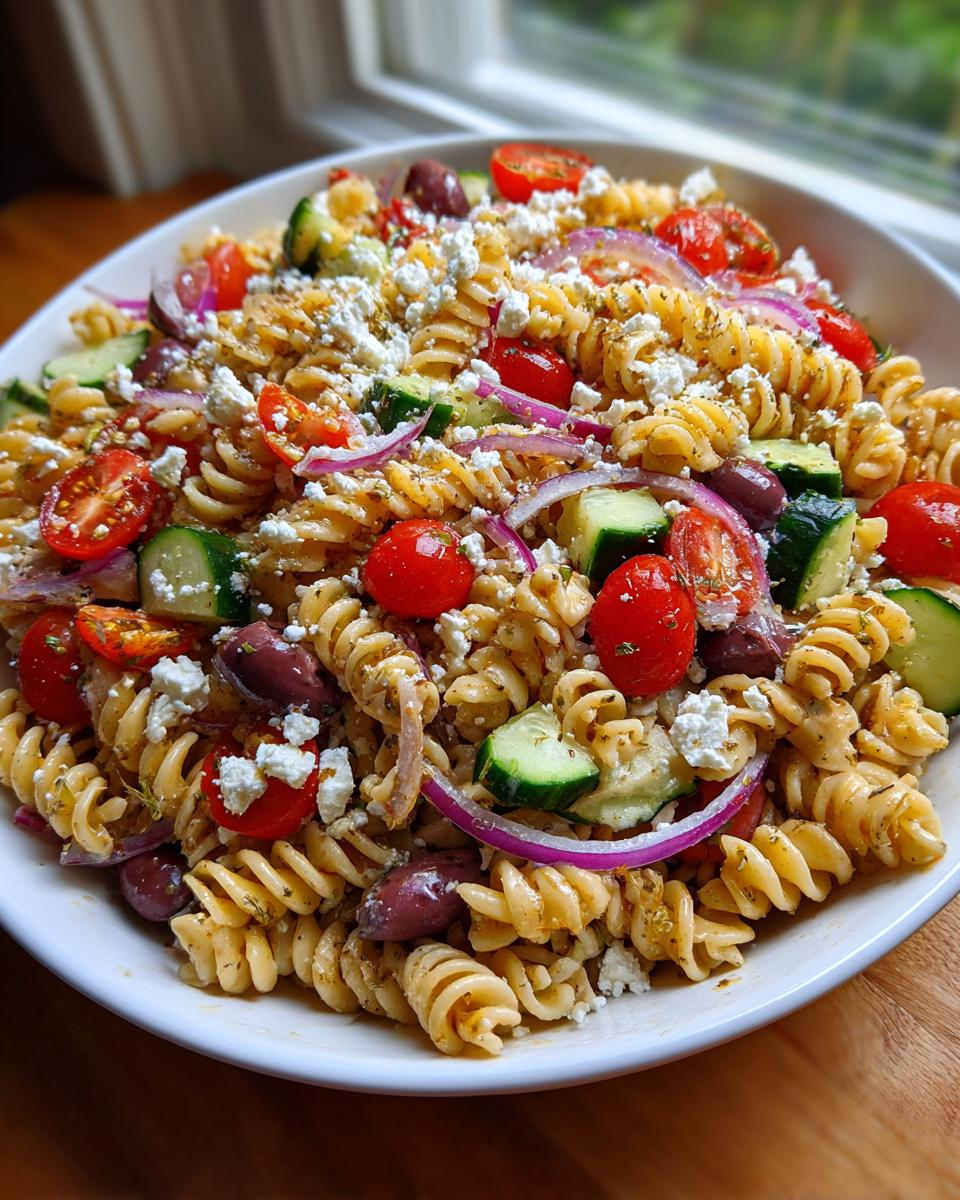A close-up view of a vibrant greek pasta salad featuring fusilli pasta, cherry tomatoes, cucumbers, feta cheese, and red onion.