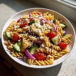 A close-up shot of a vibrant greek pasta salad featuring rotini pasta, cherry tomatoes, cucumbers, red onion, olives, and feta cheese.