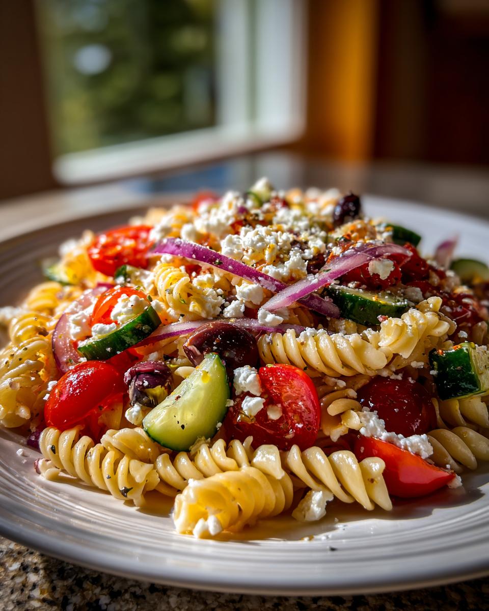 A close-up, vibrant serving of greek pasta salad featuring rotini pasta, cherry tomatoes, cucumber, red onion, and crumbled feta cheese.