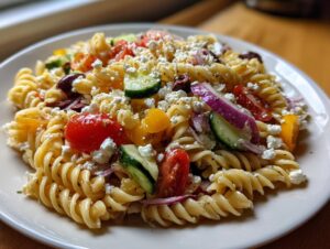 A close-up of a serving of amazing greek pasta salad featuring rotini pasta, cherry tomatoes, cucumber, red onion, and crumbled feta cheese.