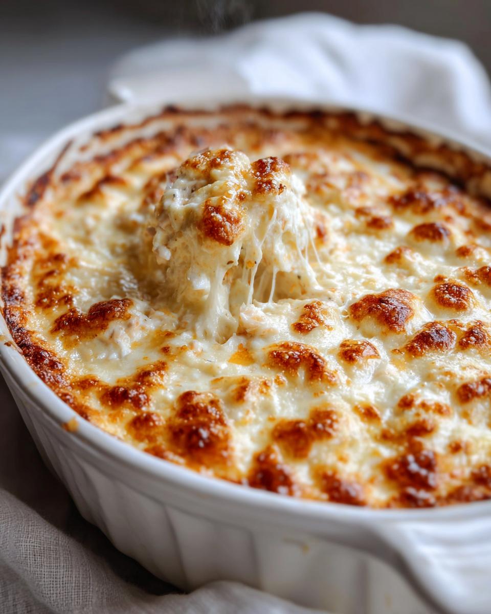A spoonful being lifted from a baked hot crab dip, showing long, melted cheese pulls and a browned top.