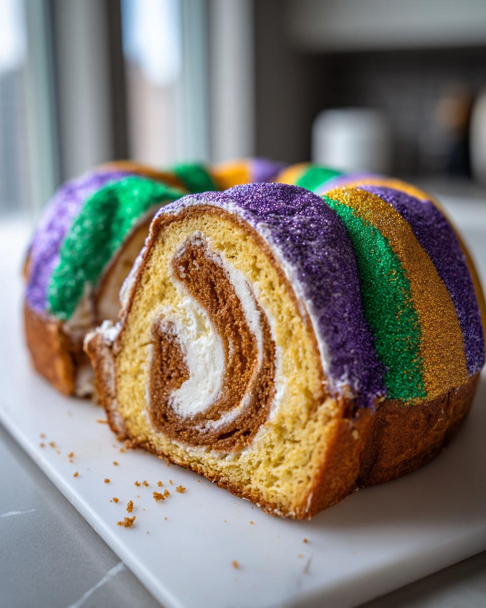 A slice cut from a vibrant king cake showing a swirl of chocolate and cream cheese filling inside the brioche dough.