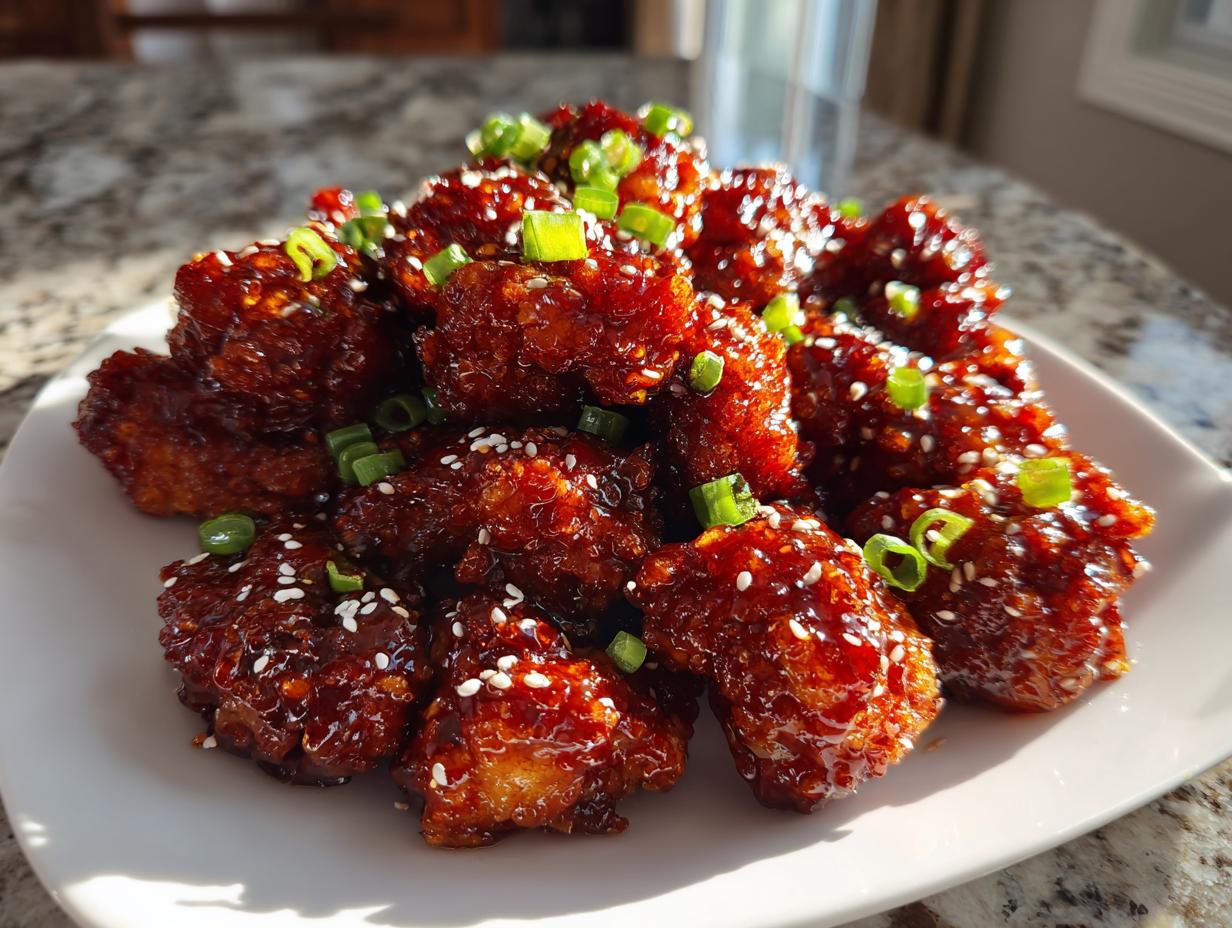 A plate piled high with glossy, dark red korean fried chicken pieces, sprinkled with sesame seeds and green onions.