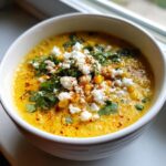 A close-up of a vibrant yellow bowl of mexican street corn soup topped with cotija cheese, cilantro, and chili powder.